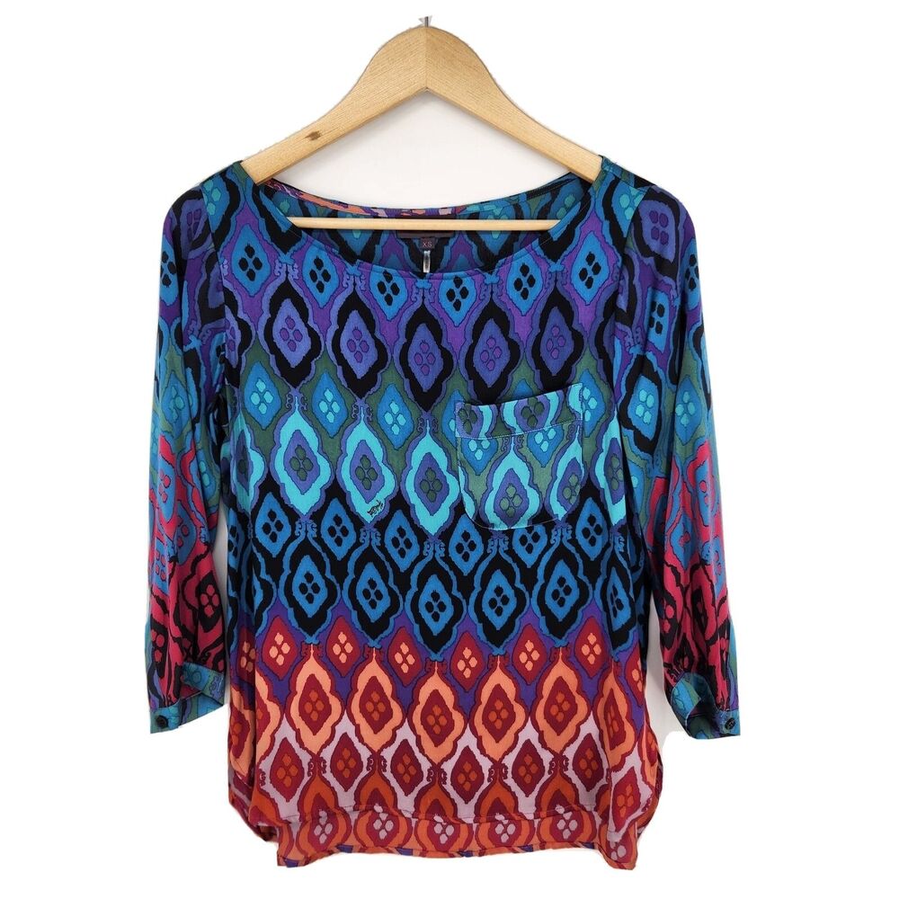 Hale Bob Womens Tunic Top Silk Stretch Multicolor Ikat Print Size XS
